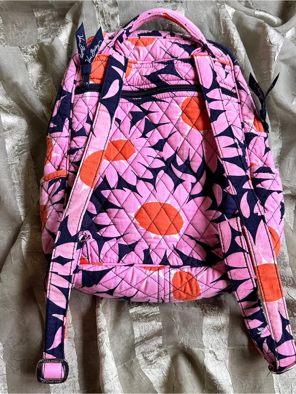 Vera Bradley Loves Me Pink & Orange Quilted Floral Backpack Matching Wallet